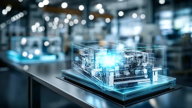 Digital twin smart factory robotics concept, hyper-detailed 3D visualization of fully automated manufacturing plant, physical and virtual models side-by-side, futuristic