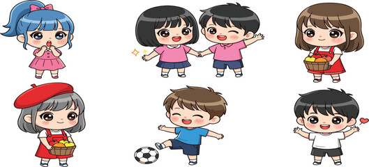 Obraz premium Cute Kids Cartoon Character Set with Happy Children in Different Poses for Nursery Illustration, School Design, Stickers, Storybook and Educational Graphics
