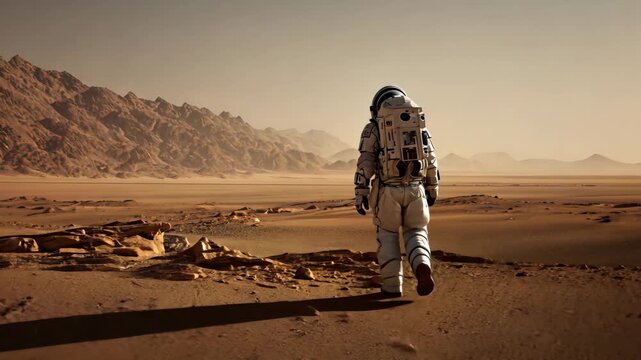 Astronaut explores the desolate and rugged terrain of a distant planetary surface.