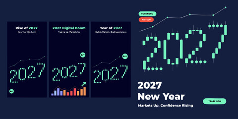 Obraz premium 2027 Digital Boom Graphics | Futuristic Growth Panels, Tech Market Trends, Neon Data Visualization & Modern New Year Designs