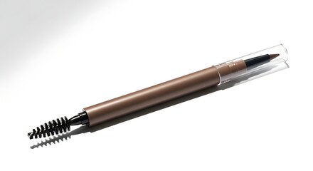Brown eyebrow pencil with clear cap and spoolie on white background