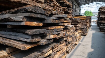 Stacked rows of weathered and splintered wooden planks in a storage facility