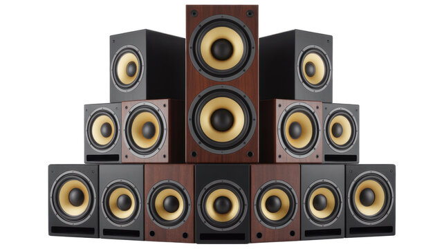 Stack of home audio speakers with gold and black woofers isolated on a transparent background