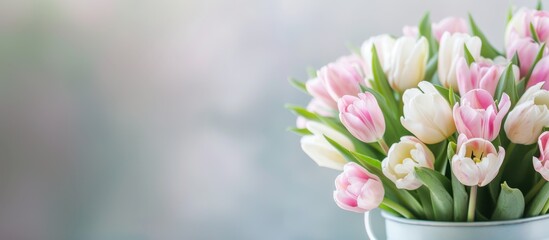 Fototapeta premium A bouquet of pink and white tulips in a metal vase. The flowers are fresh and vibrant, set against a soft, blurred background.