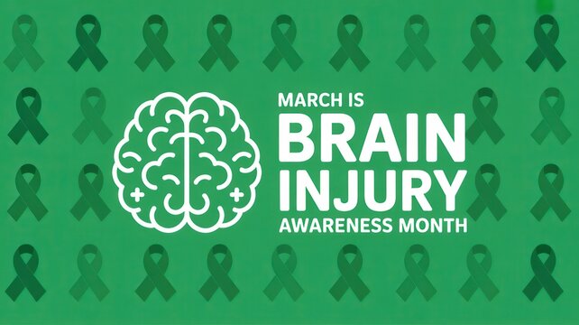 High quality photo of Brain Injury Awareness Month banner with brain icon and green ribbon