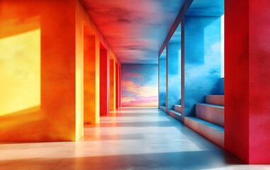 A vibrant, colorful hallway with bright orange, red, and blue walls creates a modern, artistic interior space