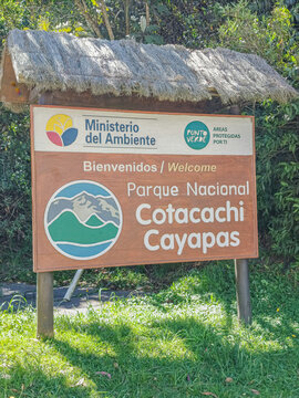 Cotacachi, Ecuador - November 5, 2025: Sign for Cotacachi Cayapas National Park. Location of Cuicocha Lagoon with the majestic Cotacachi Volcano. An Andean landscape of great natural beauty.