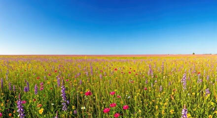 Fototapeta premium Expansive field of vibrant wildflowers beneath a clear, bright blue sky horizon