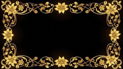 A golden floral border on a black background for decorative use