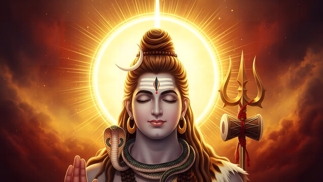Shiva meditates peacefully with serpent and trident nearby