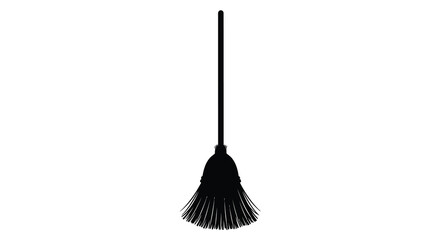 A black broom stands vertically against a white background silhouette © MSTALYA