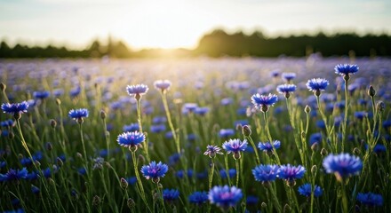 Obraz premium Field of vibrant blue flowers bathed in warm sunlight, with a blurred treeline