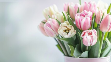 Fototapeta premium A bouquet of pink and white tulips in a light pink vase. The flowers are fresh and vibrant, set against a soft, blurred background.