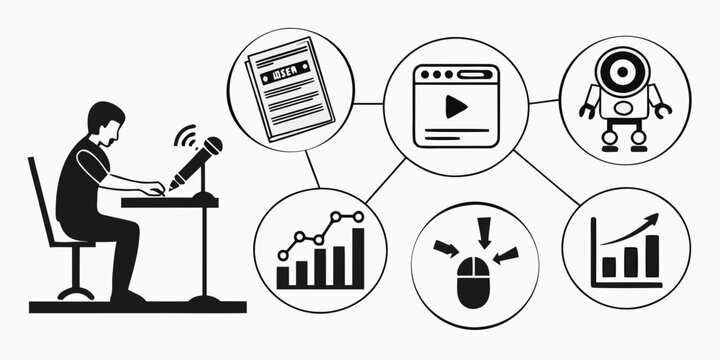 Person working on a laptop with various icons representing different tasks and goals Vector