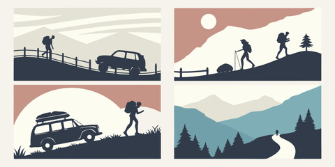 Adventurers explore the wilderness in diverse landscapes and vehicles Vector © Sa