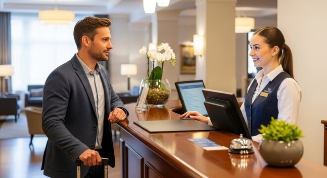 Friendly hotel receptionist welcomes guest with a smile during a busy afternoon check-in at a luxury hotel