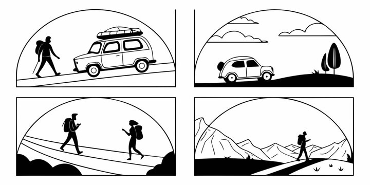 A series of illustrations depicting a journey through a mountainous landscape. Vector