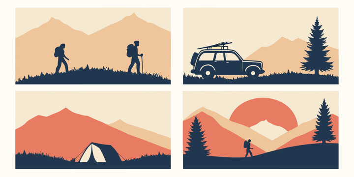 Adventurers and explorers traverse diverse landscapes in a vibrant illustration Vector