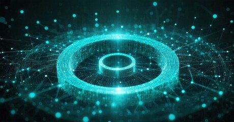 Futuristic glowing rings, digital network. Binary code surrounds central circular form, creating vibrant tech aesthetic.