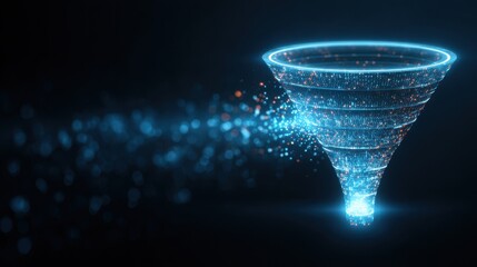 Fototapeta premium Abstract digital funnel vortex of glowing particles on a dark background, data analysis concept