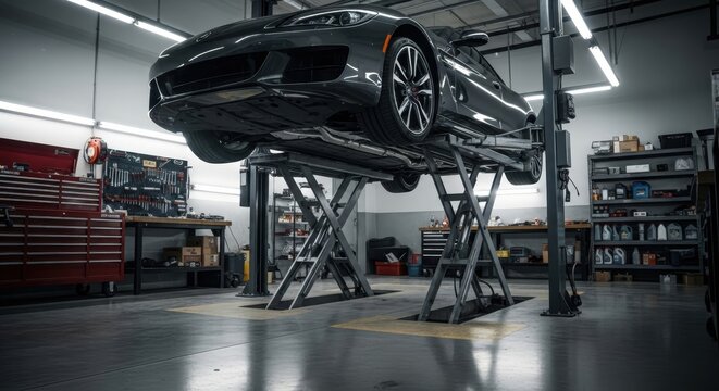 Car maintenance in an auto repair shop during a busy afternoon with tools and equipment ready for use