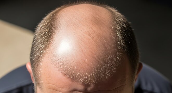 Close-up of a balding man's head, thinning hair, receding hairline, male pattern baldness
