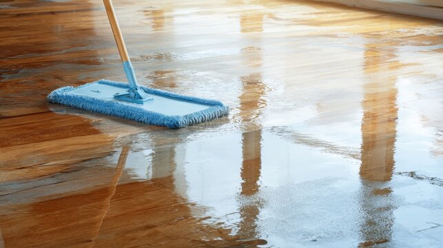 Blue microfiber mop cleaning wet hardwood floor with bright water reflection