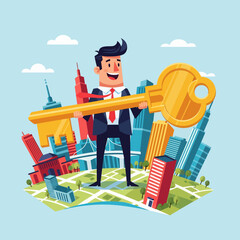 Businessman Holding Large Golden Key.