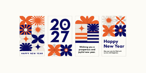 Obraz premium New Year 2027 Floral Templates | Modern Geometric Greeting Designs, Festive Pattern Graphics & Contemporary Holiday Message Artwork