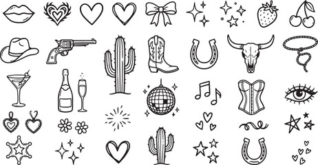 Western themed icons including cacti cowboy boots and disco balls on white background for party and music concepts © Meizan 