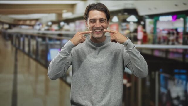 Man points index fingers to cheeks smiling in a busy mall building with metal railing, shops and blurred shoppers behind him, casual grey crewneck and jewelry; playful joy.