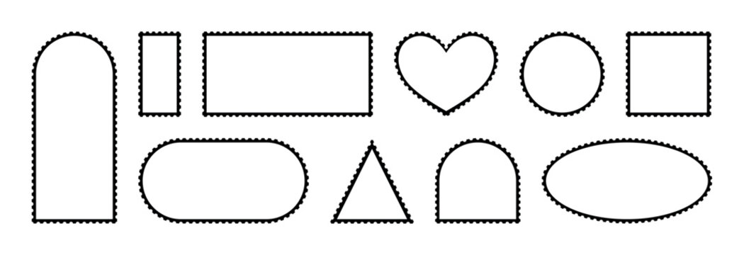 Creative postage stamp shapes vector set isolated on transparent background, perforated heart circle oval arch triangle rectangle templates, retro postal decorative frames collection