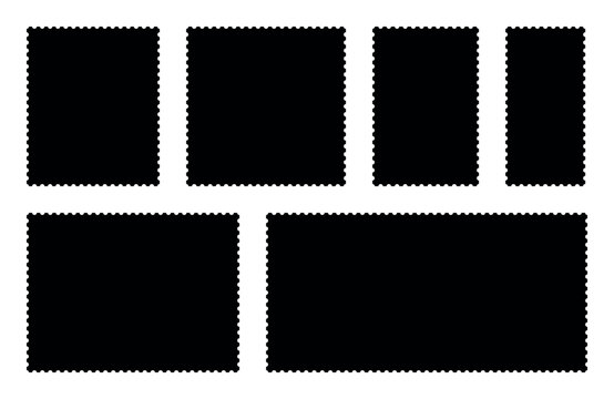 Large postage stamp frames horizontal vertical rectangle formats isolated on transparent background, vintage perforated border template set, postal mockup collection, blank black layout