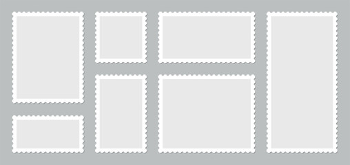 Blank postage stamp collection isolated on gray background, various shapes and sizes, perforated edges, vintage mail template set, realistic paper frame mockup design resource high resolution pack set