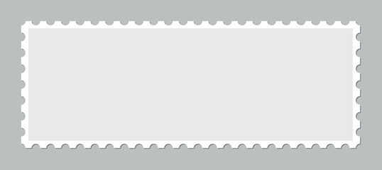 Long horizontal postage stamp template with detailed perforated border isolated on gray background, blank postal mockup for branding, banner layout, realistic philately design element