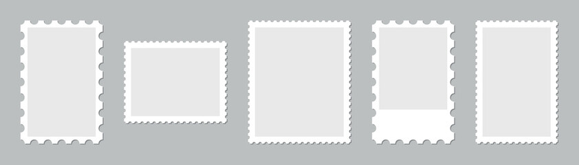 Vertical postage stamp frames set with classic perforated edges isolated on gray background, blank postal templates for scrapbook, album design, realistic philately illustration