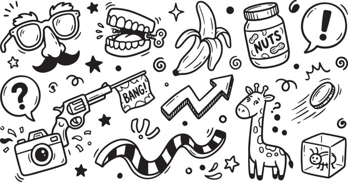 Fun doodle illustrations of various objects and animals on white background for creative projects and designs