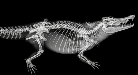 Naklejka premium Unique skeletal display of a crocodile showcases intricate bone structure under x-ray light in a captivating science setting