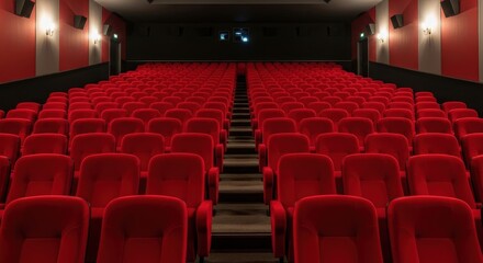 Fototapeta premium Empty theater filled with vibrant red seats waiting for the magic of film on a quiet afternoon
