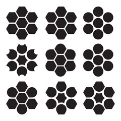 A collection of nine minimalist black and white geometric logos featuring hexagonal honeycomb patterns and symmetrical circular arrangements for modern branding.