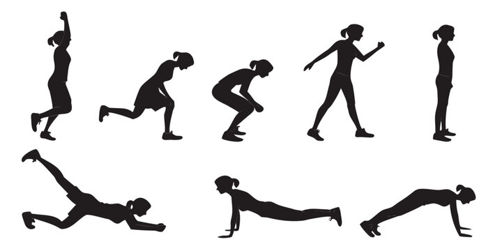 A series of black and white silhouettes depicting various yoga poses. Vector