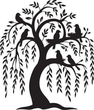 Willow Tree Birds Silhouette Vector