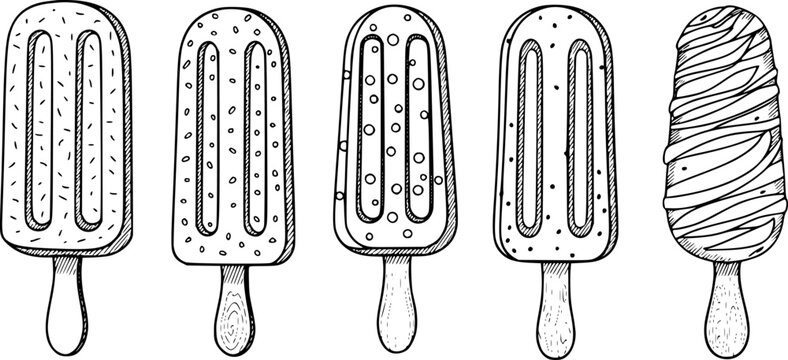 Hand drawn black and white ice cream popsicles with different patterns and textures