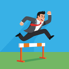Businessman Jumping Over Hurdle Obstacle.