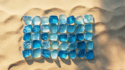 A Beautiful Square of Blue Sea Glass Resting Gently on a Soft Sandy Beach Under Bright Sunlight