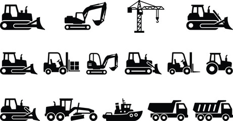 Heavy construction machinery and industrial vehicles collection, excavator bulldozer crane icons set, cad drawing flat vector illustration, isolated on white background, black © RIPON