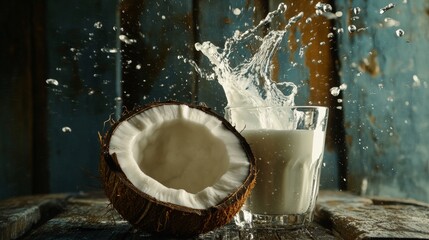 Refreshing Glass of Milk Beside a Half Coconut on a Wooden Table in Natural Light
