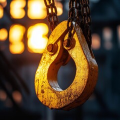 Close Up of a Heavy Duty Crane Hook Against a Blurry Industrial Background Filled with Construction Activity