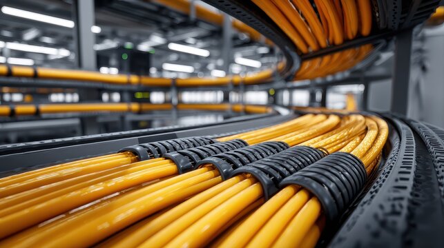 Close-up of organized yellow network cables in a modern data center or industrial facility
