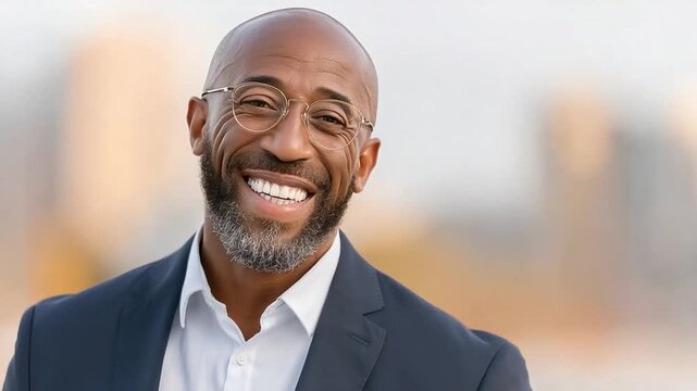 Smiling Vision: A close-up portrait of a mature man, exudes confidence and wisdom, accentuated by spectacles, revealing a genuine, heartwarming smile.